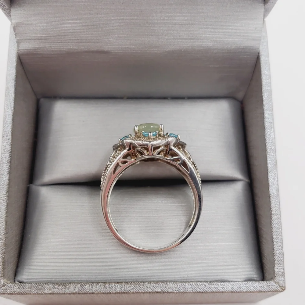 Apatite - White Topaz & Chalcedony 925 Sterling Silver Milgrain Design Ring